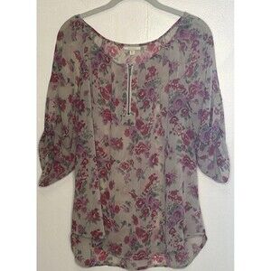 Pleione Floral Blouse Small Sheer Floral Red Pink Beige Scoop Neck Tab Sleeves